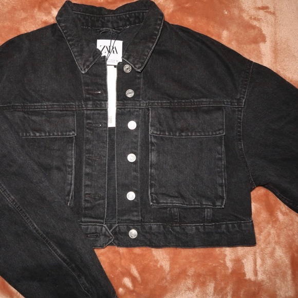 Zara Black Cropped Denim Utility Jacket 0/8197/279/800/02 - Picture 6 of 12